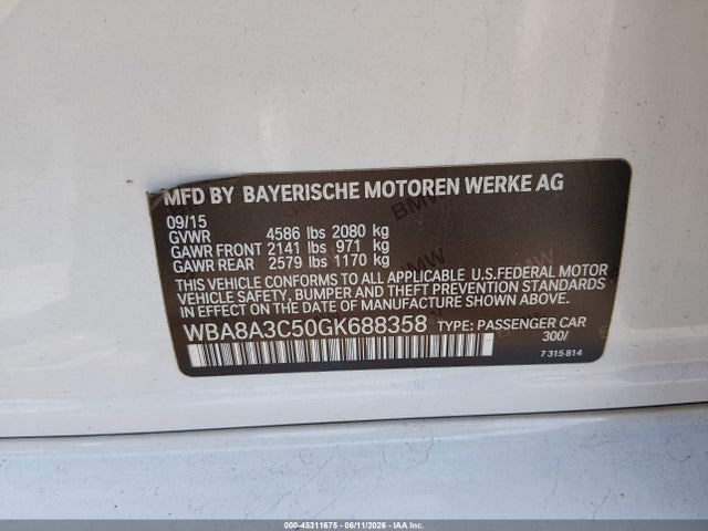 Aukcja sprzedaży 2016 Bmw 320i Xdrive, vin: WBA8A3C50GK688358, numer aukcji: 45311675