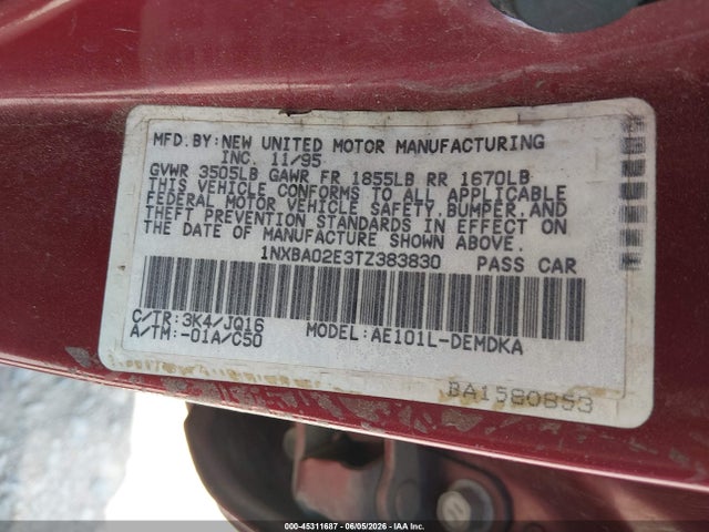 45311687 :رقم المزاد ، 1NXBA02E3TZ383830 vin ، 1996 Toyota Corolla مزاد بيع