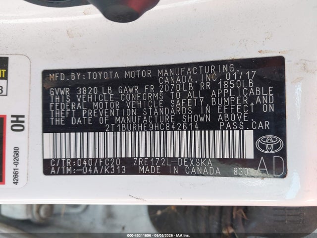 Aukcja sprzedaży 2017 Toyota Corolla Se, vin: 2T1BURHE9HC842614, numer aukcji: 45311696
