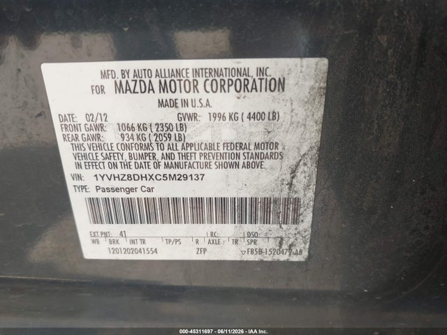45311697 :رقم المزاد ، 1YVHZ8DHXC5M29137 vin ، 2012 Mazda Mazda6 I Touring مزاد بيع