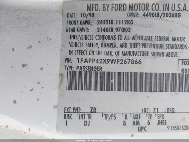 Aukcja sprzedaży 1998 Ford Mustang Gt, vin: 1FAFP42X9WF267866, numer aukcji: 45311719