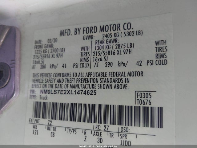 Aukcja sprzedaży 2020 Ford Transit Connect Xl, vin: NM0LS7E2XL1474625, numer aukcji: 45311735