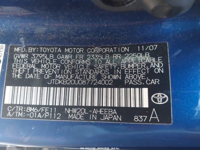 Продажа на аукционе авто 2008 Toyota Prius, vin: JTDKB20U087724002, номер лота: 45311749