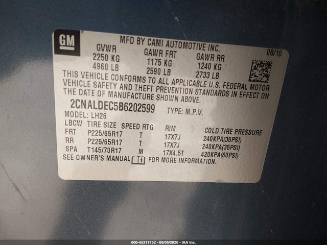 Продаж на аукціоні авто 2011 Chevrolet Equinox 1lt, vin: 2CNALDEC5B6202599, номер лоту: 45311752