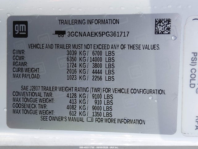 3GCNAAEK5PG361717 Chevrolet Silverado 1500 2wd Standard Bed Wt