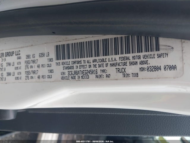 2014 Ram 1500 Tradesman მანქანა იყიდება აუქციონზე, vin: 3C6JR6ATXEG245016, აუქციონის ნომერი: 45311761