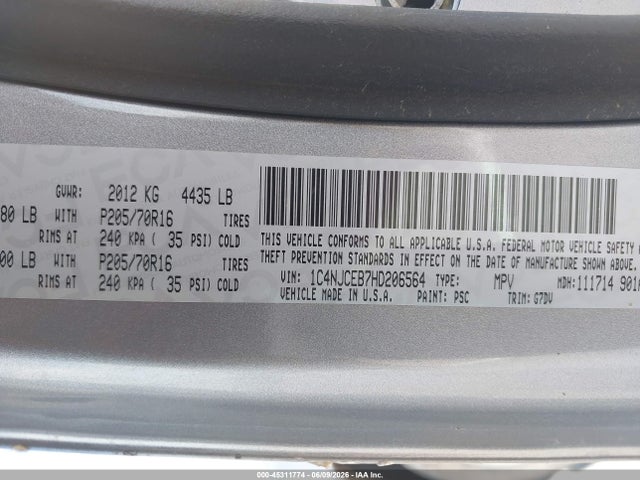 45311774 :رقم المزاد ، 1C4NJCEB7HD206564 vin ، 2017 Jeep Compass Latitude Fwd مزاد بيع