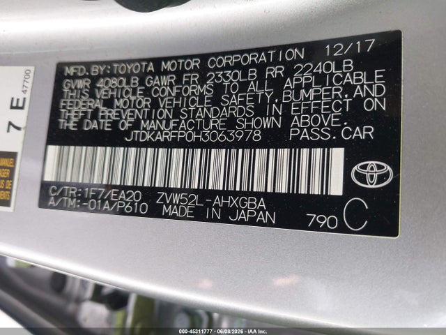 Aukcja sprzedaży 2017 Toyota Prius Prime Advanced, vin: JTDKARFP0H3063978, numer aukcji: 45311777