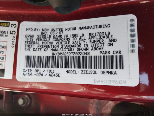 Aukcja sprzedaży 2007 Toyota Corolla Le, vin: 1NXBR32E27Z922048, numer aukcji: 45311793