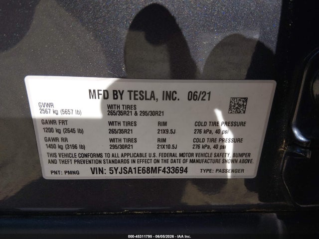 Aukcja sprzedaży 2021 Tesla Model S Plaid Tri Motor All-wheel Drive, vin: 5YJSA1E68MF433694, numer aukcji: 45311795