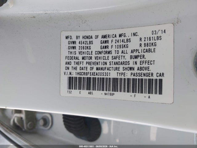 45311801 :رقم المزاد ، 1HGCR6F5XEA005301 vin ، 2014 Honda Accord Hybrid Ex-l مزاد بيع