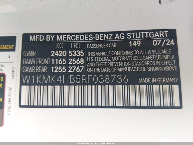 Продажа на аукционе авто 2024 Mercedes-benz Cle 300 4matic, vin: W1KMK4HB5RF038736, номер лота: 45311823