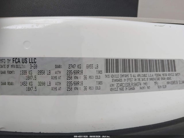 Aukcja sprzedaży 2020 Chrysler Pacifica Touring L Plus, vin: 2C4RC1EG9LR184374, numer aukcji: 45311828