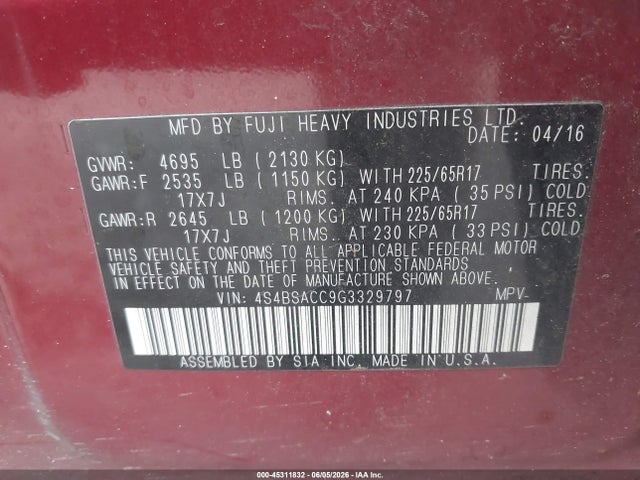 Subaru Outback 2.5i Premium 2016 4S4BSACC9G3329797 Image 9