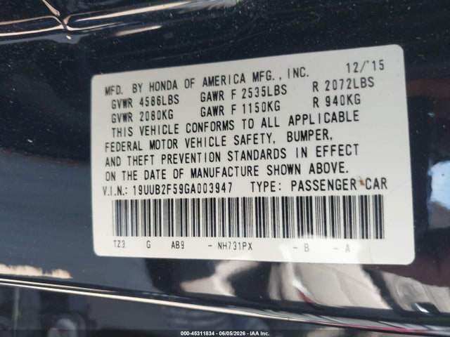 45311834 :رقم المزاد ، 19UUB2F59GA003947 vin ، 2016 Acura Tlx V6 Tech مزاد بيع