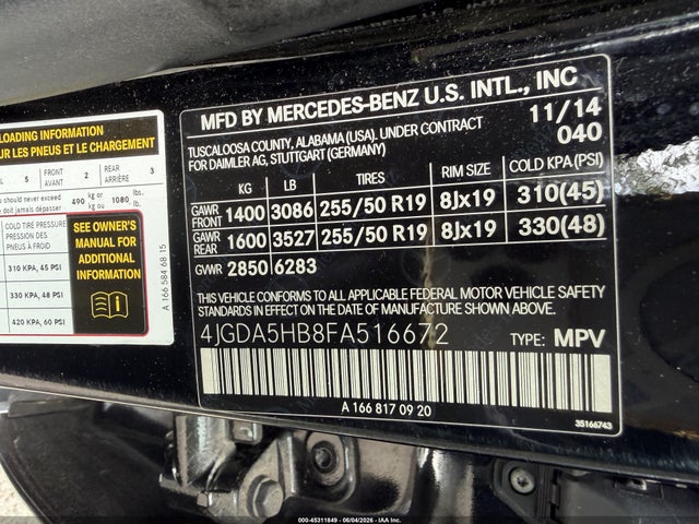 Aukcja sprzedaży 2015 Mercedes-benz Ml 350 4matic, vin: 4JGDA5HB8FA516672, numer aukcji: 45311849