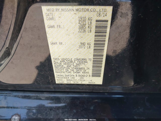 Aukcja sprzedaży 2015 Nissan Altima 2.5 S, vin: 1N4AL3AP2FN330023, numer aukcji: 45311855