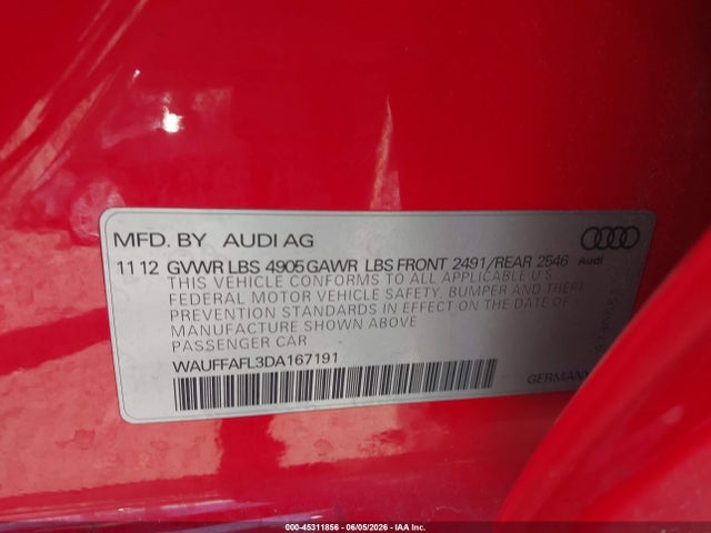 Aukcja sprzedaży 2013 Audi A4 2.0t Premium, vin: WAUFFAFL3DA167191, numer aukcji: 45311856