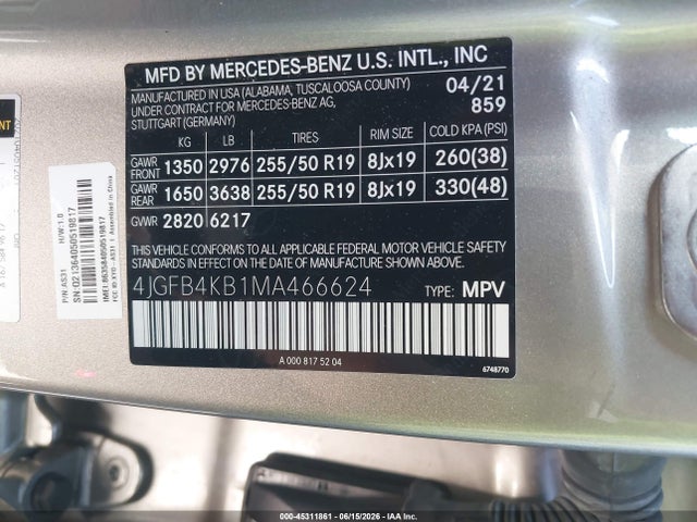 Aukcja sprzedaży 2021 Mercedes-benz Gle 350 4matic, vin: 4JGFB4KB1MA466624, numer aukcji: 45311861