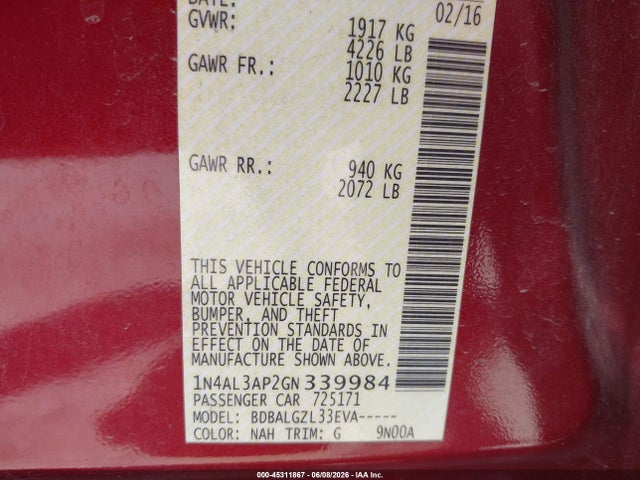 Aukcja sprzedaży 2016 Nissan Altima 2.5/2.5 S/2.5 Sl/2.5 Sr/2.5 Sv, vin: 1N4AL3AP2GN339984, numer aukcji: 45311867