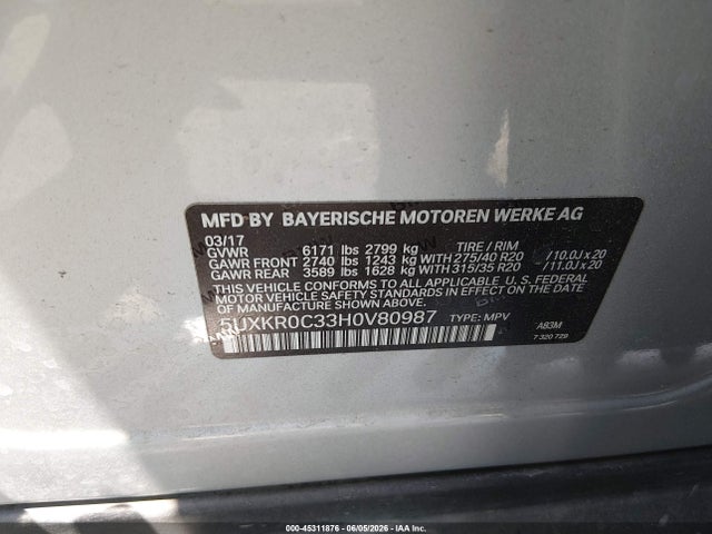 2017 Bmw X5 Xdrive35i მანქანა იყიდება აუქციონზე, vin: 5UXKR0C33H0V80987, აუქციონის ნომერი: 45311876