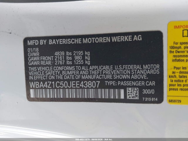 Aukcja sprzedaży 2018 Bmw 430i, vin: WBA4Z1C50JEE43807, numer aukcji: 45311879