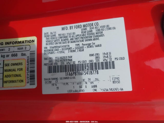 Ford Mustang Ecoboost 2015 1FA6P8TH6F5418778 Image 9
