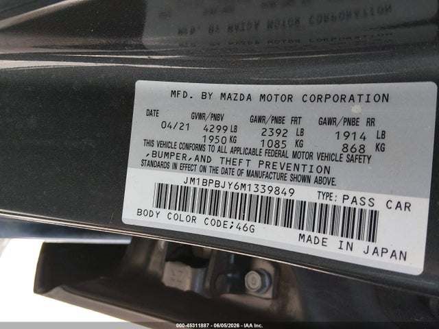 Aukcja sprzedaży 2021 Mazda Mazda3 2.5 Turbo, vin: JM1BPBJY6M1339849, numer aukcji: 45311887