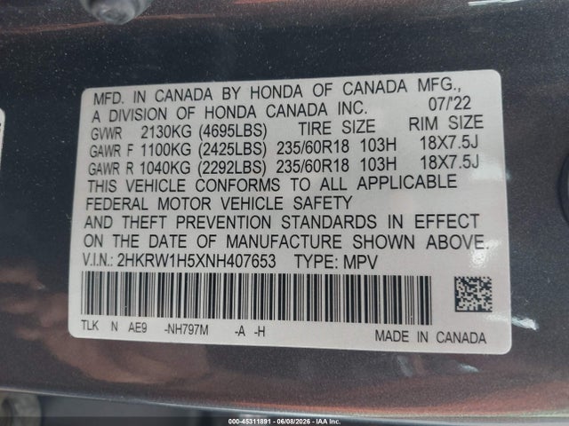 2HKRW1H5XNH407653 Honda Cr-v 2wd Ex