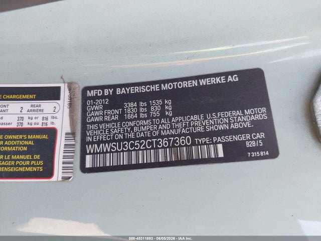 Продажа на аукционе авто 2012 Mini Cooper, vin: WMWSU3C52CT367360, номер лота: 45311893