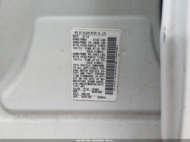 Aukcja sprzedaży 2014 Nissan Murano Sv, vin: JN8AZ1MU8EW418473, numer aukcji: 45311894