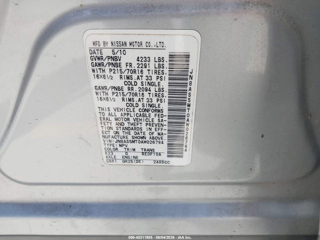 45311905 :رقم المزاد ، JN8AS5MT0AW026794 vin ، 2010 Nissan Rogue S مزاد بيع
