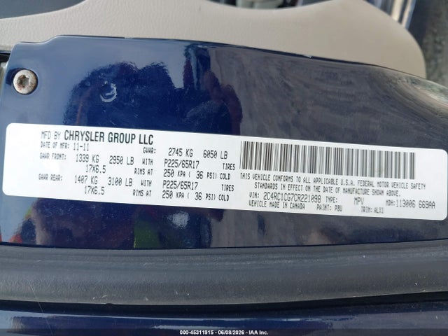 Продажа на аукционе авто 2012 Chrysler Town & Country Touring-l, vin: 2C4RC1CG7CR221098, номер лота: 45311915