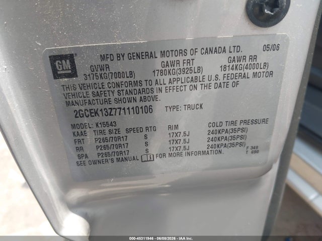 45311946 :رقم المزاد ، 2GCEK13Z771110106 vin ، 2007 Chevrolet Silverado 1500 Classic Lt1 مزاد بيع