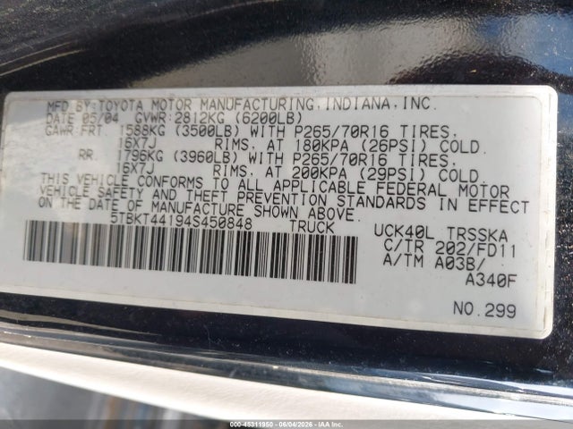 45311950 :رقم المزاد ، 5TBKT44194S450848 vin ، 2004 Toyota Tundra Sr5 V8 مزاد بيع