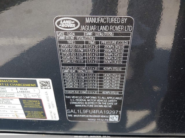SAL1L9FU4RA192971 Land Rover Range Rover Sport Dynamic Se