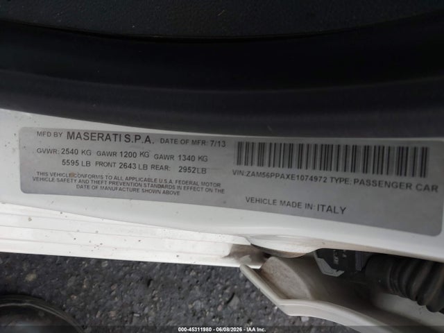 Aukcja sprzedaży 2014 Maserati Quattroporte Gts, vin: ZAM56PPAXE1074972, numer aukcji: 45311980