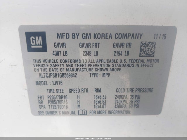 Продаж на аукціоні авто 2016 Chevrolet Trax Lt, vin: KL7CJPSB1GB569842, номер лоту: 45311988
