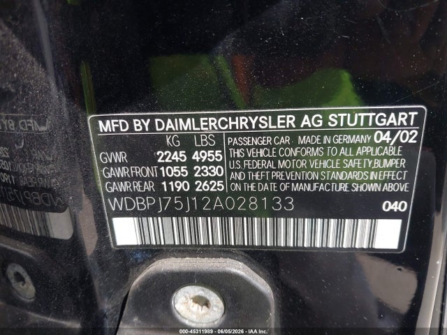 Продаж на аукціоні авто 2002 Mercedes-benz Cl 500, vin: WDBPJ75J12A028133, номер лоту: 45311989