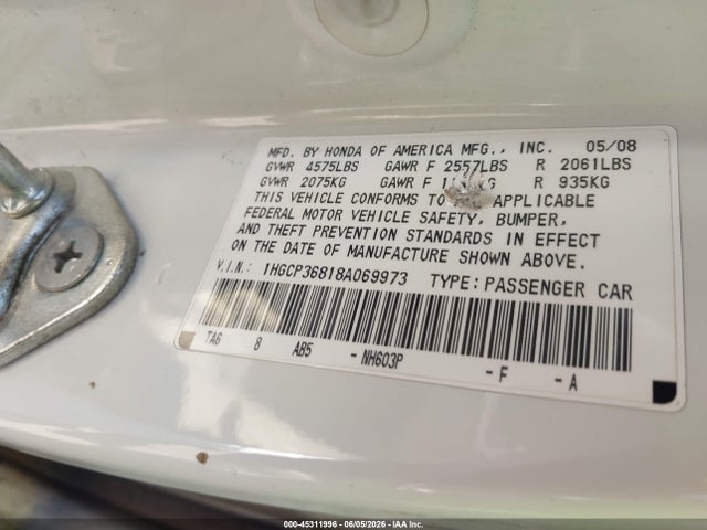 Aukcja sprzedaży 2008 Honda Accord 3.5 Ex-l, vin: 1HGCP36818A069973, numer aukcji: 45311996