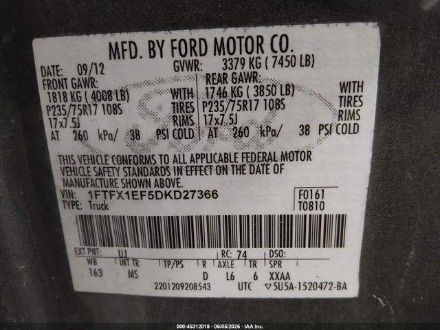 Aukcja sprzedaży 2013 Ford F-150 Xlt, vin: 1FTFX1EF5DKD27366, numer aukcji: 45312019