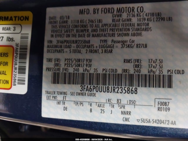 Ford Fusion Hybrid S 2018 3FA6P0UU8JR235868 Image 9