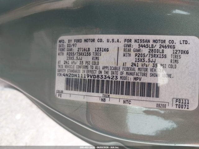1997 Nissan Quest Gxe/xe მანქანა იყიდება აუქციონზე, vin: 4N2DN1119VD833423, აუქციონის ნომერი: 45312039