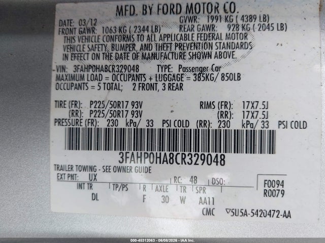 45312063 :رقم المزاد ، 3FAHP0HA8CR329048 vin ، 2012 Ford Fusion Se مزاد بيع