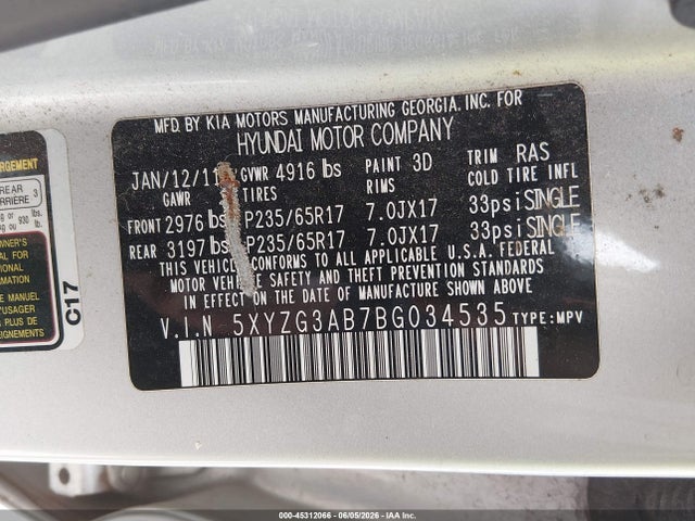 Aukcja sprzedaży 2011 Hyundai Santa Fe Gls, vin: 5XYZG3AB7BG034535, numer aukcji: 45312066