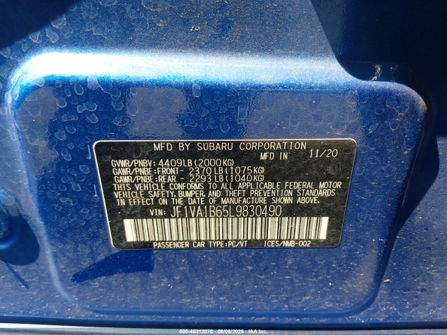 Продажа на аукционе авто 2020 Subaru Wrx Premium, vin: JF1VA1B65L9830490, номер лота: 45312070
