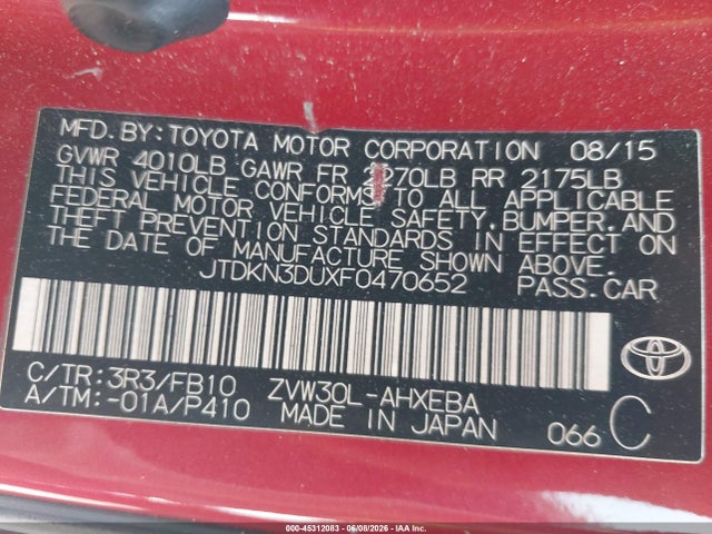 45312083 :رقم المزاد ، JTDKN3DUXF0470652 vin ، 2015 Toyota Prius Two مزاد بيع