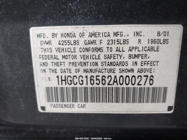 Aukcja sprzedaży 2002 Honda Accord 3.0 Ex, vin: 1HGCG16562A000276, numer aukcji: 45312087