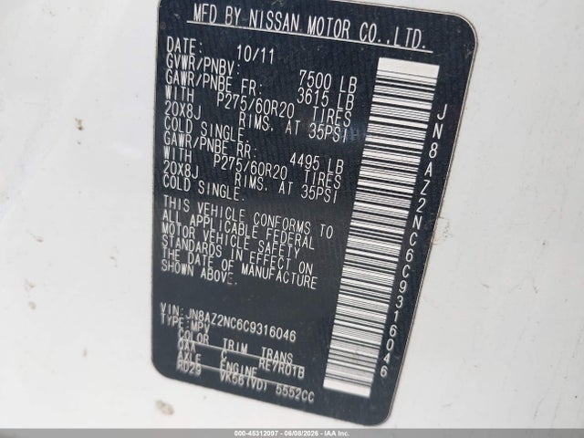 45312097 :رقم المزاد ، JN8AZ2NC6C9316046 vin ، 2012 Infiniti Qx56 مزاد بيع