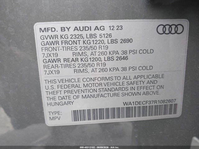 Продажа на аукционе авто 2024 Audi Q3 Premium 45 Tfsi S Line Quattro Tiptronic, vin: WA1DECF37R1082607, номер лота: 45312102